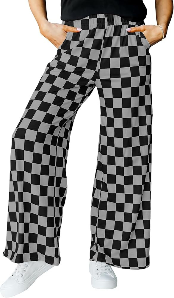 IWOLLENCE Women's Casual Loose Checkered Wide Leg Pants High Waist Straight Lounge Y2K Gingham Tr... | Amazon (US)