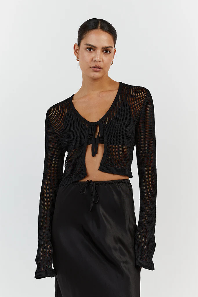 OPHELIA BLACK CROCHET CARDIGAN | DISSH