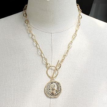 Gold Silver Chunk Chain Necklace Medallion Coin Pendant Toggle Necklace | Amazon (US)