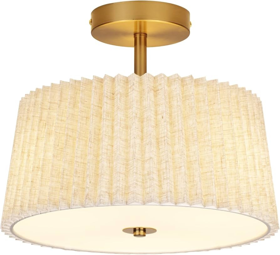 13 Inch Linen Pleated Semi Flush Mount Ceiling Light Fixture, Modern Cone Drum Dimmable Lamp for ... | Amazon (US)