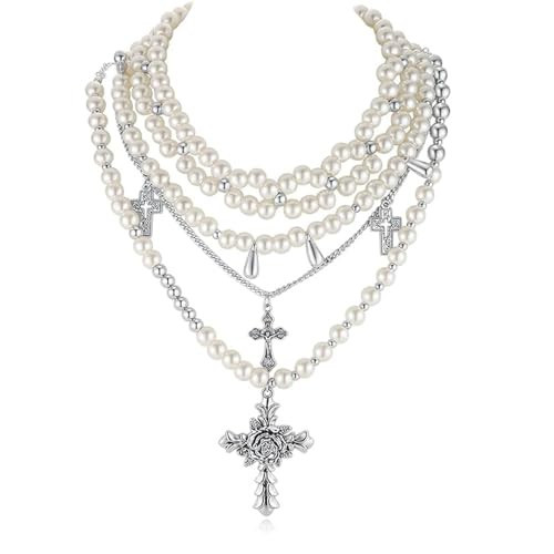 Pearl Choker Necklace for Women Statement Gothic Cross Stacked Necklace Y2K Layered Necklace for Women(3Pcs)(Gothic) | Amazon (US)