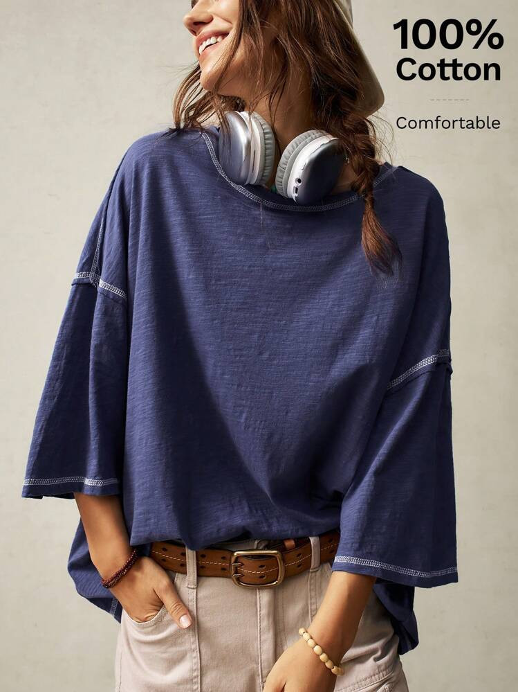 Bohemela Casual Solid Color Knit Round Neck 3/4 Sleeve Loose Washed T-Shirt | SHEIN