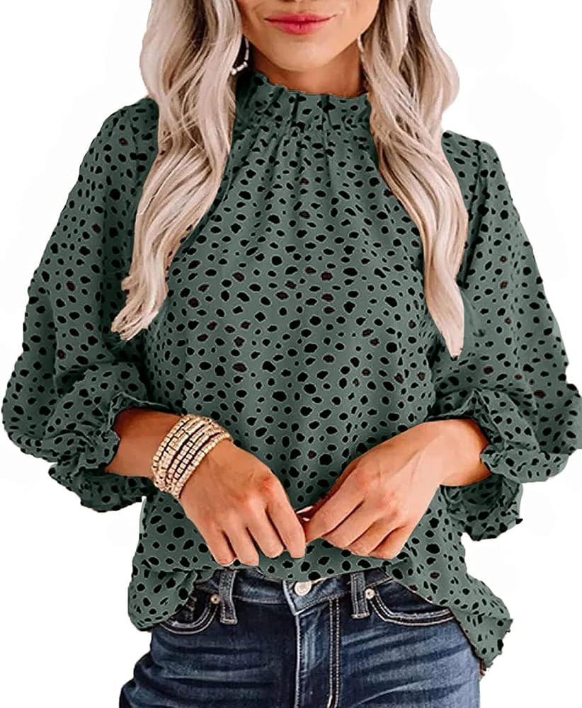 Avanova Women Polka Dot Long Sleeve Blouse Shirts Work Mock Neck Ruffle Top | Amazon (US)