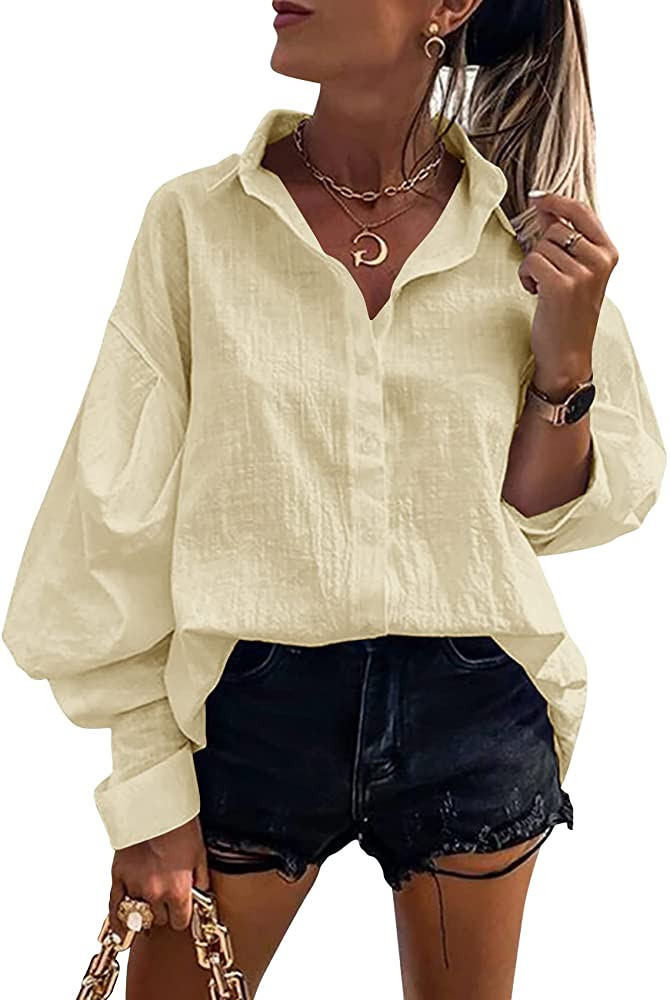 Gafeng Womens Long Sleeve Button Down Linen Shirts Casual Business Losse Fit Balloon Sleeve Work ... | Amazon (US)