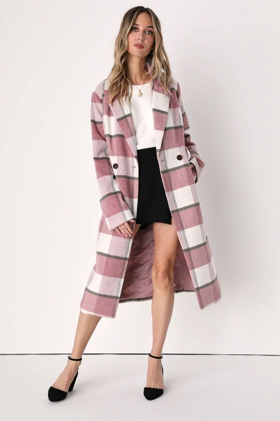 City Mornings Ivory and Pink Plaid Trench Coat | Lulus (US)