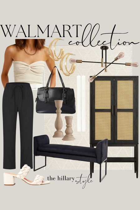 Walmart Collection: Black & Neutral home decor and fashion finds from Walmart. Black cabinet, black pants, strapless top, braided heels, neutral area rug, black and gold light fixture, gold hoops, wood candle holders, black handbag, white taper candles, black upholstered bench. Summer clothes, summer outfit, neutral home decor, summer home refresh, modern organic.

#LTKstyletip #LTKFind #LTKhome