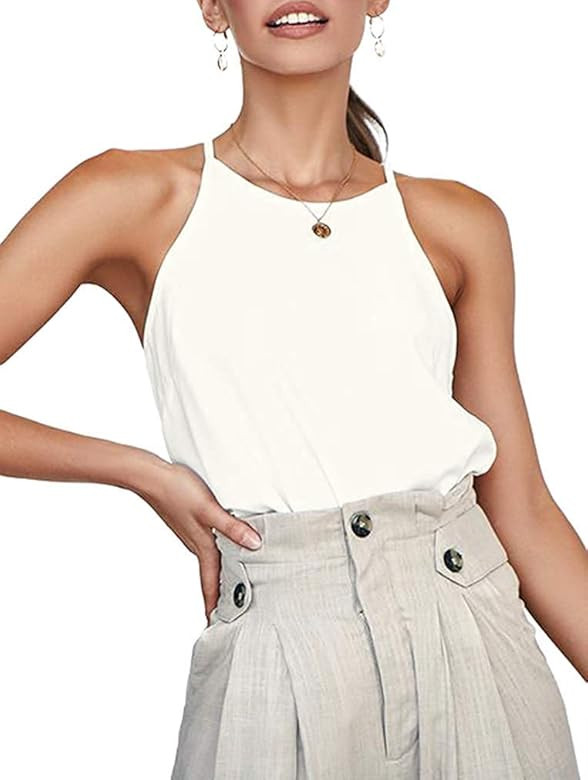 Womens Halter Tops Sleeveless Cami Tank Tops Beach Blouses Halter Racerback Summer Casual Shirts ... | Amazon (US)