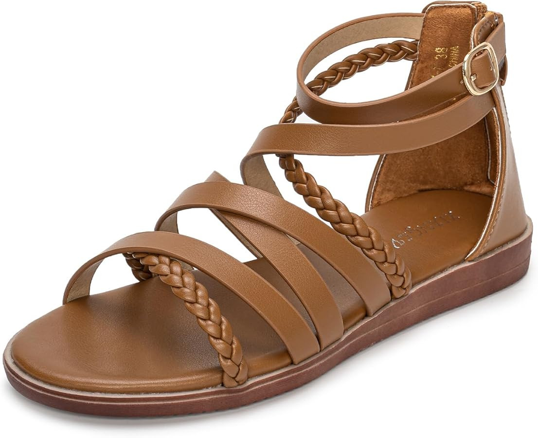 YEOJOU Gladiator Sandals for Women Strappy Leather Flat Sandals Open Toe Ankle Strap Back Zipper ... | Amazon (US)