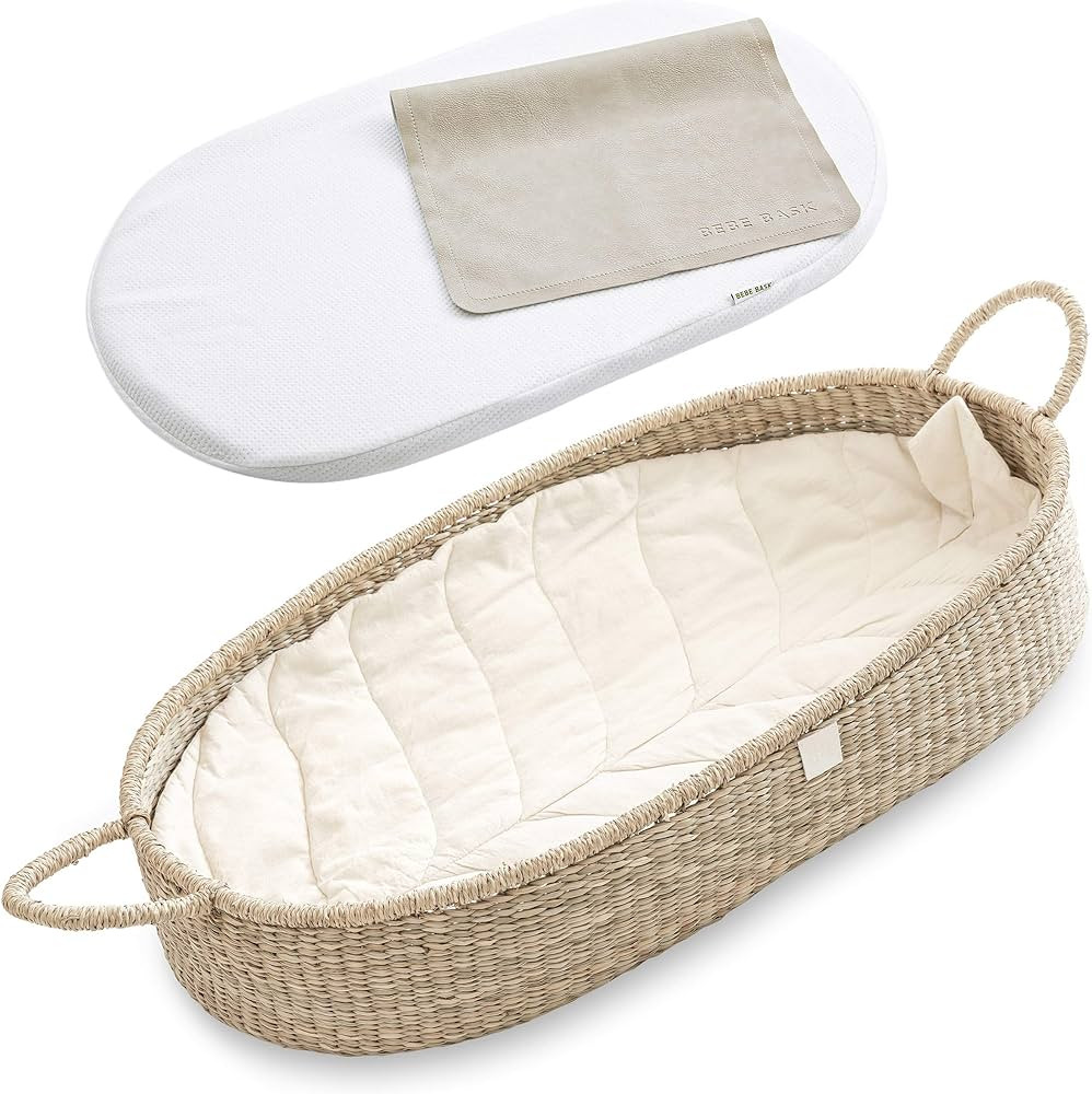 BEBE BASK Premium Baby Changing Basket - Handmade Natural Seagrass Moses Basket - Luxury Leaf Lin... | Amazon (US)