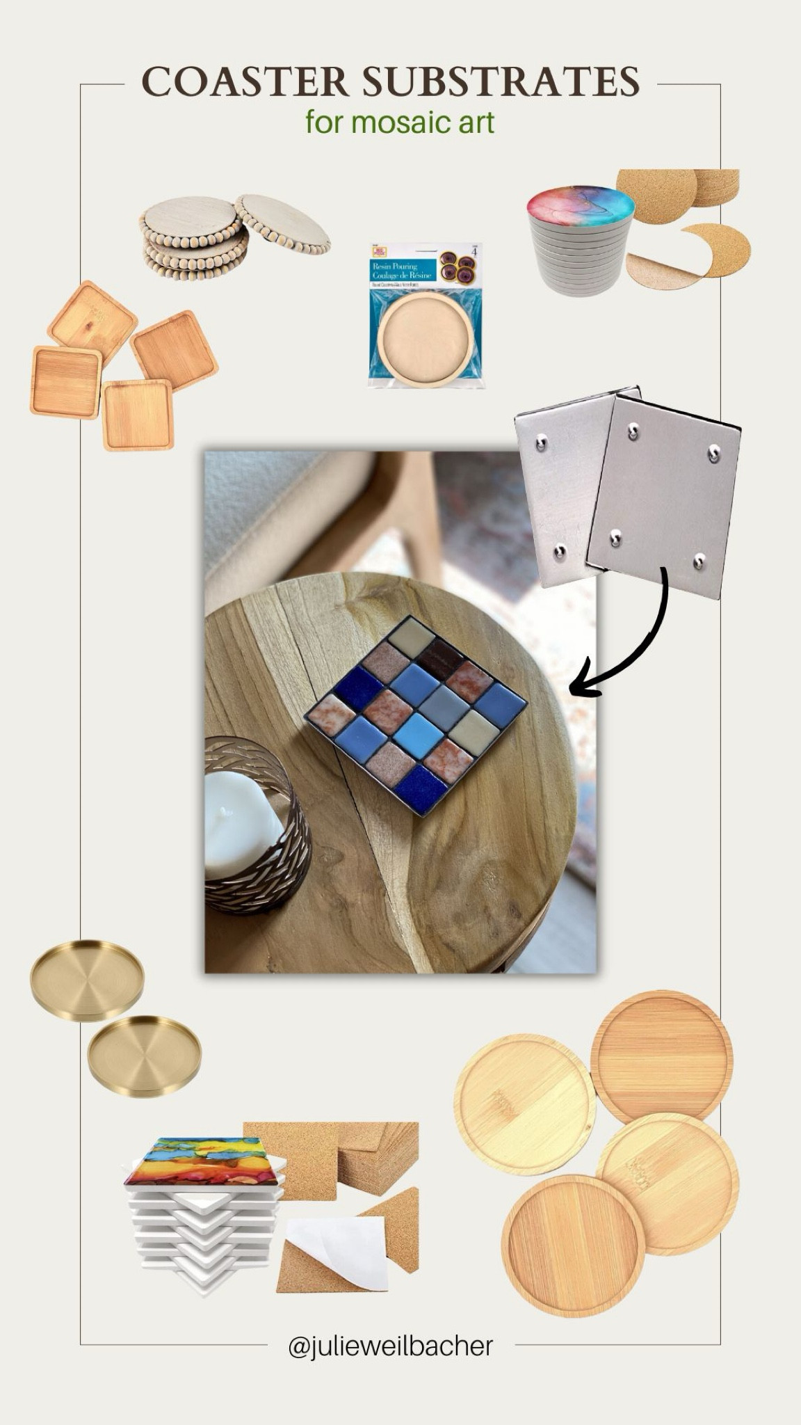 Sharing substrates you can use to make mosaic coasters. 🧋 Choose from metal or wood. 🥃 Tip: If you use metal substrates and plan to grout, cover any exposed areas to avoid scratches. 🍹 For mosaic tips, tutorials, inspiration, and so much more please visit my YouTube channel: YouTube.com/julieweilbacher. Follow @julieweilbacher on Instagram for all things mosaic art. coasters - mosaic - glass tile coasters - mosaics - wood coasters - metal coasters - crafts night - hostess gift - new apartment gift - glass crafts - tile coasters - new home gift

#LTKFindsUnder50 #LTKHome