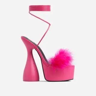 Imogen Fluffy Faux Feather Lace Up Peep Toe Platform Statement Heel In Pink Faux Leather | Ego Shoes (UK)