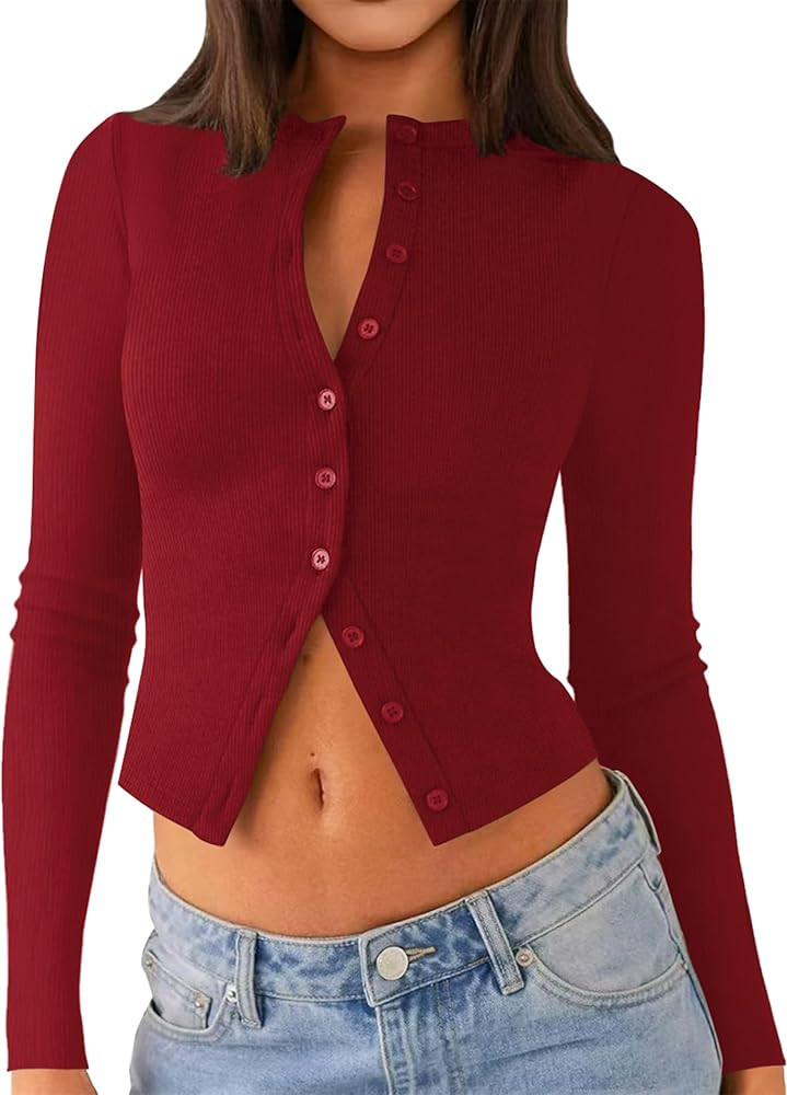 Matunana Womens Long Sleeve Tops Fall Lightweight Cardigan Cropped Going Out Shirts Ribbed Button... | Amazon (US)
