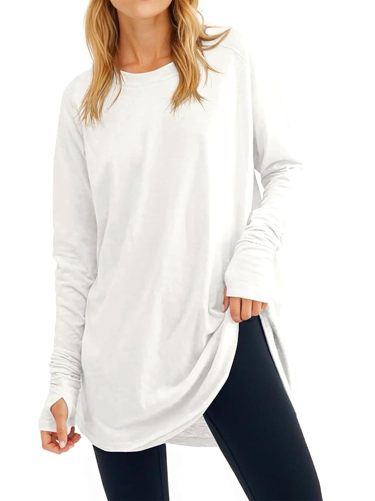 Fisoew Women's Casual Long Sleeve Tops Crew Neck Round Hem Loose T-Shirts Tunic Tops with Thumb H... | Amazon (US)