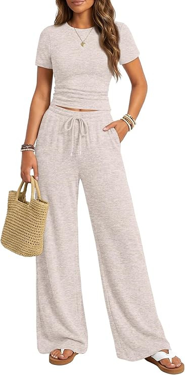 Trendy Queen Womens 2 Piece Lounge Matching Sets Wide Leg Pants Crew Neck Short Sleeve Shirt Swea... | Amazon (US)