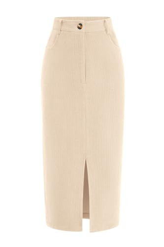 PRETTYGARDEN Women's Fall Midi Pencil Skirts Dressy Casual Work Office High Waisted Trendy Winter Corduroy Skirt with Slit (Beige,4) | Amazon (US)