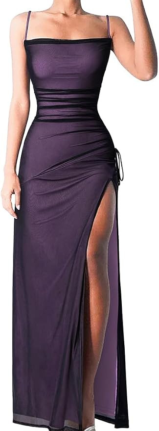 LAGSHIAN Women's Elegant Sleeveless Gala Maxi Dress Spaghetti Strap Mesh Ruched High Split Evenin... | Amazon (US)