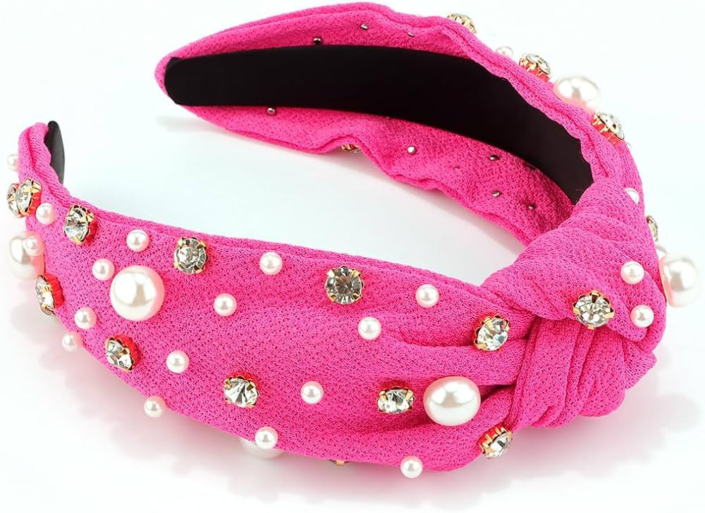 AHONEY Pearl Knotted Headband - Pink Rhinestone Top Knot Crystal Headpiece for Women & Girls' Hai... | Amazon (US)
