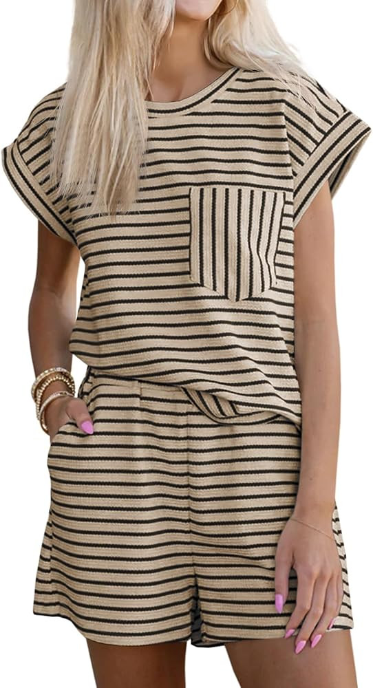 Tankaneo Womens 2 Piece Short Sets Striped Summer Outfits Cap Sleeve Tops and Elastic Waist Loung... | Amazon (US)