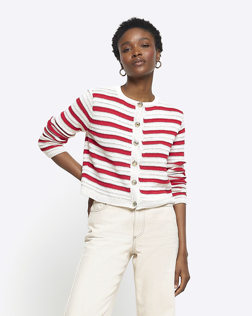 Red Stripe Textured Knit Cardigan | River Island (UK & IE)