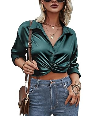 Zeagoo Women's V Neck Twist Hem Blouse Long Sleeve Crop Top Casual Button Shirts | Amazon (US)