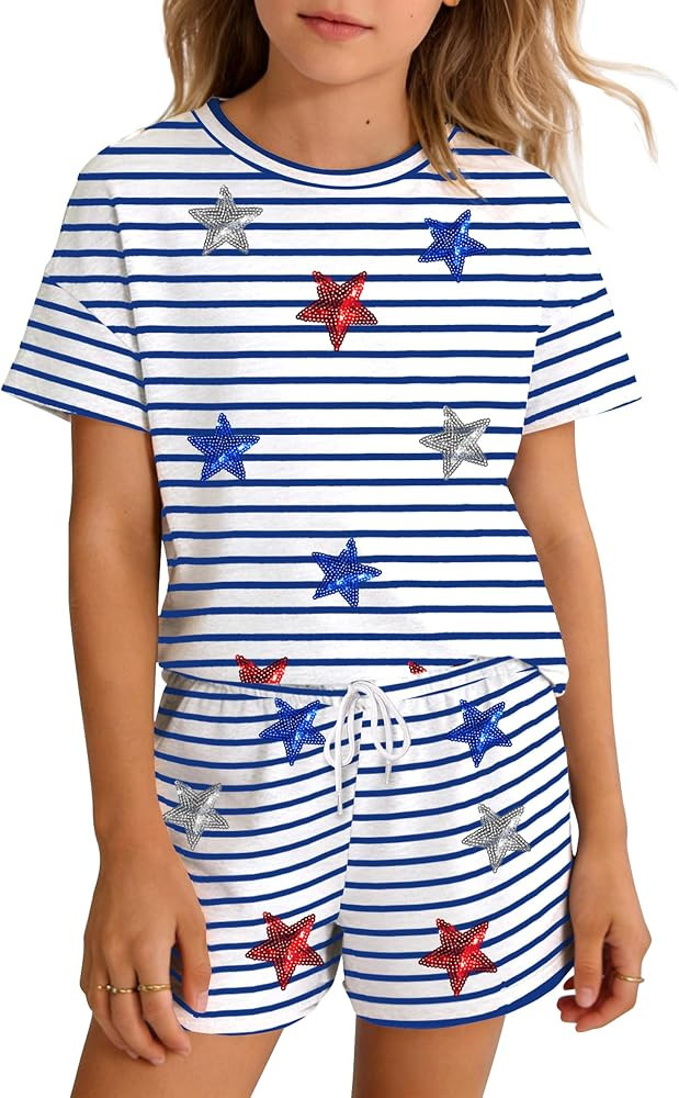 Kids 4th of July Outfit 2 Piece Set for Girls Boys American Flag Shirt and Shorts Patriotic USA 2... | Amazon (US)