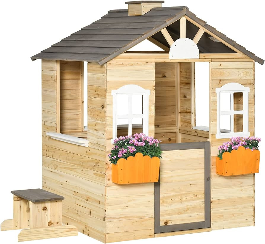 Outsunny Wooden Playhouse for Kids Outdoor Garden Pretend Play Games, Adventures Cottage, with Wo... | Amazon (US)