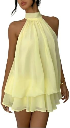 Women's Summer Halter Mini Dress Chiffon Ruffle Flowy Backless Wedding Guest Dresses Y2k Going Ou... | Amazon (US)