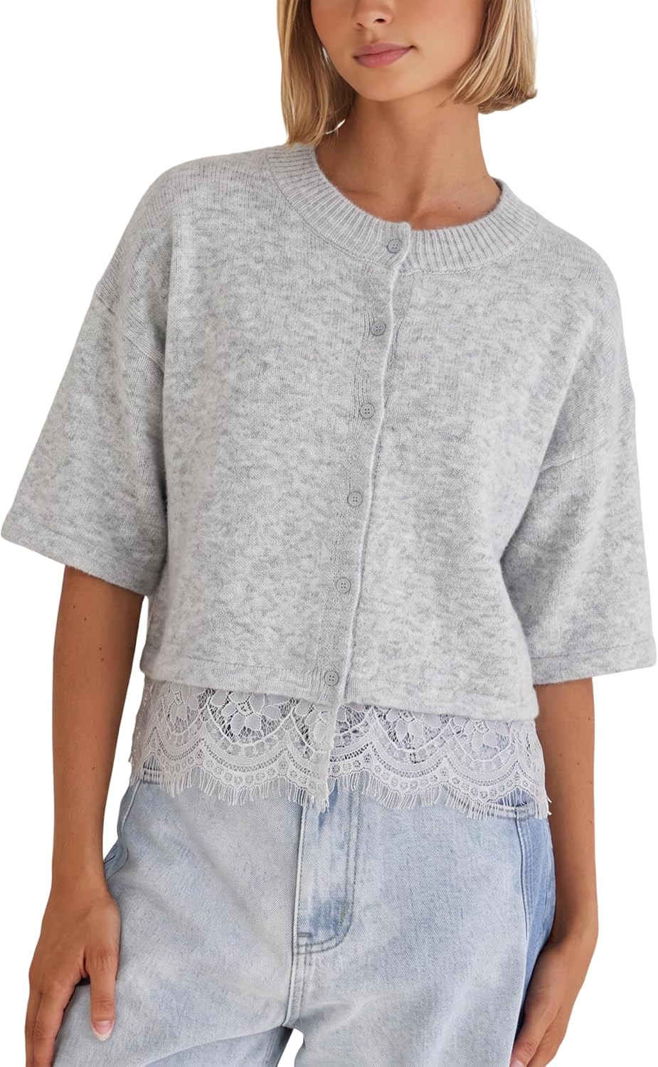 Yidarer Women Short Sleeve Cropped Cardigan Lace Hem Knit Sweater | Amazon (US)