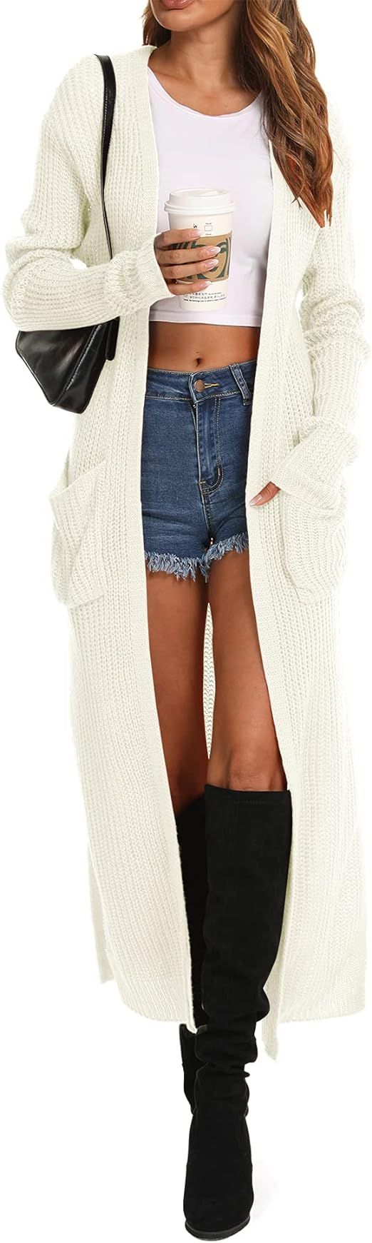 Womens Casual Long Sleeve Split Open Cardigan Knit Long Cardigan Sweaters with Pockets Fall Fashi... | Amazon (US)