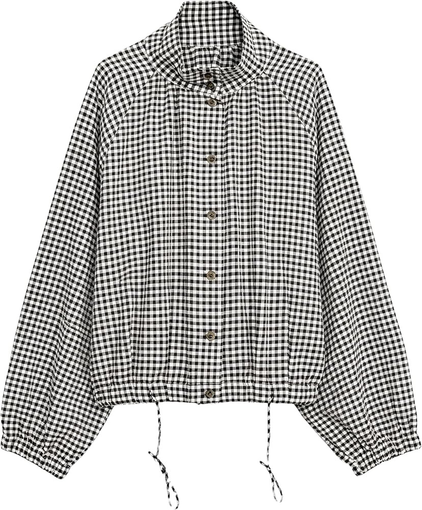 Shiyifa Womens Gingham Bomber Jacket Lightweight Stand Collar Casual Coat | Amazon (US)