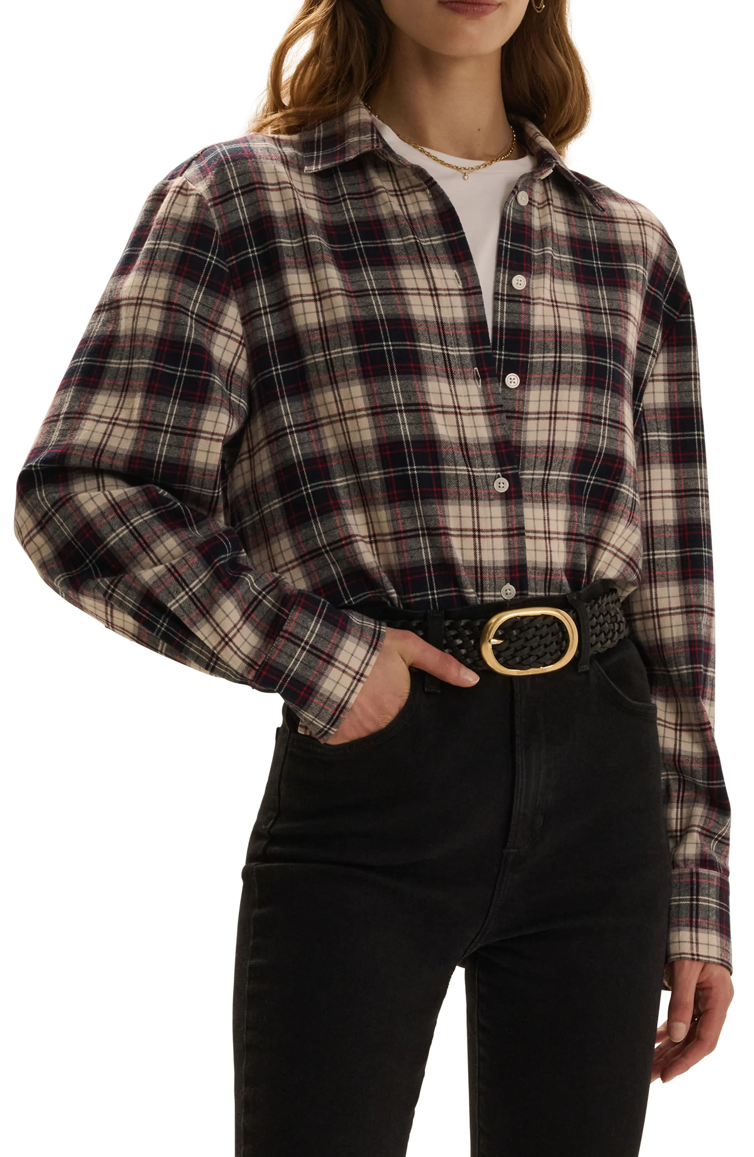 Favorite Daughter The Boyfriend Plaid Cotton Shirt in Midnight Cream Pla at Nordstrom, Size Small | Nordstrom