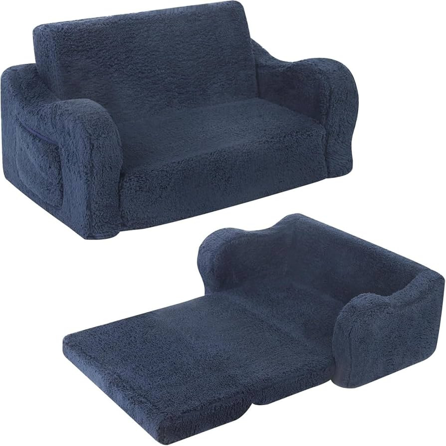 MOMCAYWEX Kids Sofa Chair, Extra Wide 2-in-1 Foldable Couch,Sherpa,DarkBlue | Amazon (US)
