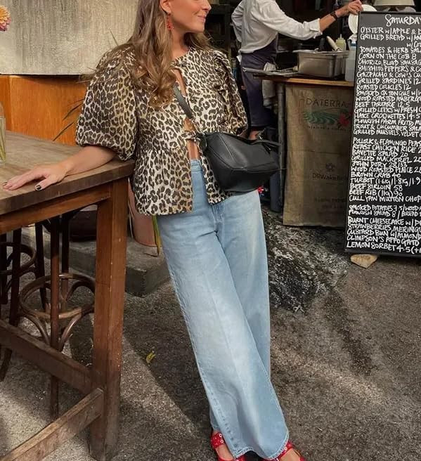 Tie Front Top Blouse Peplum Top Puff Sleeve Leopard Print Cheetah Print Bow Top Coquette Summer T... | Amazon (US)