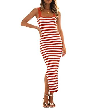 MEROKEETY Women's 2024 Summer Striped Knit Bodycon Midi Dress Square Neck Side Slit Tank Ribbed S... | Amazon (US)
