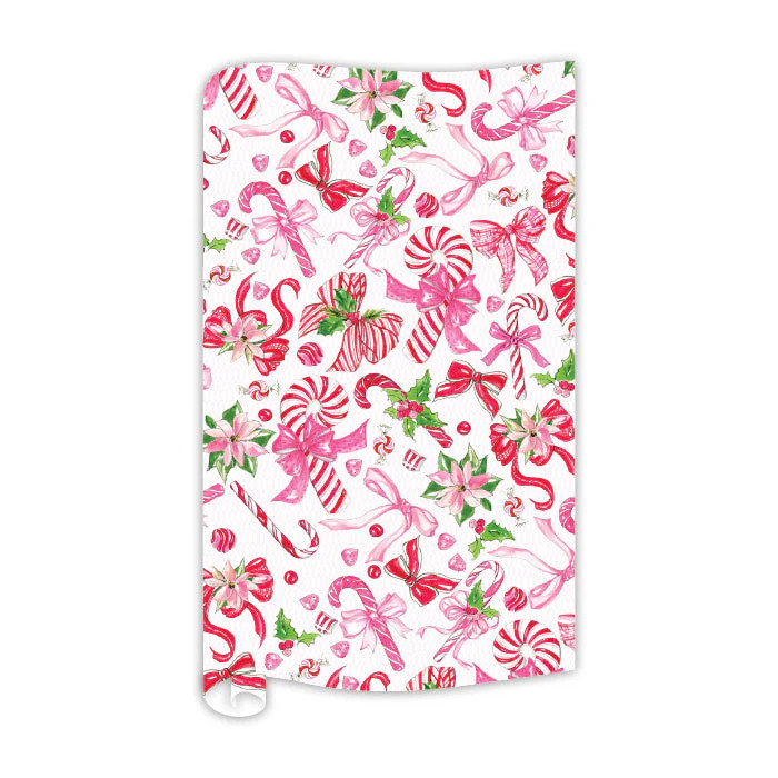 Red Pink Bows Pink Poinsettias Candy Canes Wrapping Paper | Rosanne Beck Collections