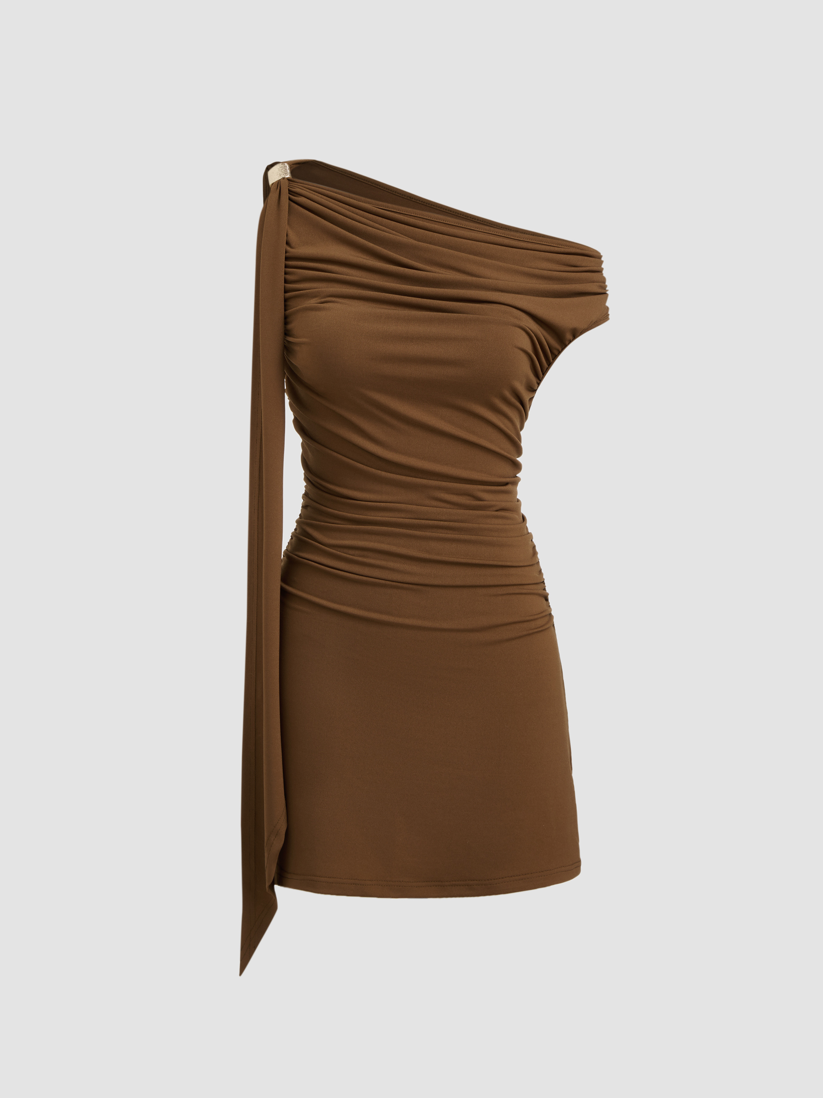 Knit Fabric Asymmetrical Neck Ruched Mini Dress For Party/Clubbing | Cider