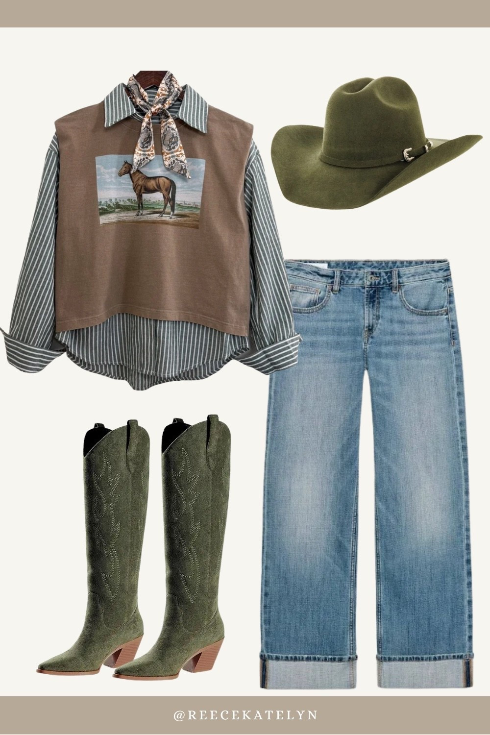 Western / country / round top outfit 

Shirt : https://lunabellewest.com/products/horse-painting-boxy-tank

Hat: https://americanhatmakers.com/products/cattleman-felt-cowgirl-hat?variant=45775121678506&country=US&currency=USD&utm_medium=product_sync&utm_source=google&utm_content=sag_organic&utm_campaign=sag_organic&srsltid=AfmBOoqSFVrDxnNilhUZKm9Z2_rm6fptmvnvMJtb7HiQ0k99MrZT1DJs-xA