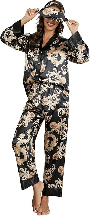 Arwser Women's Silk Satin Pajamas Set 4pcs Long Sleeve Button Down Sleepwear V-Neck Printed Drago... | Amazon (US)