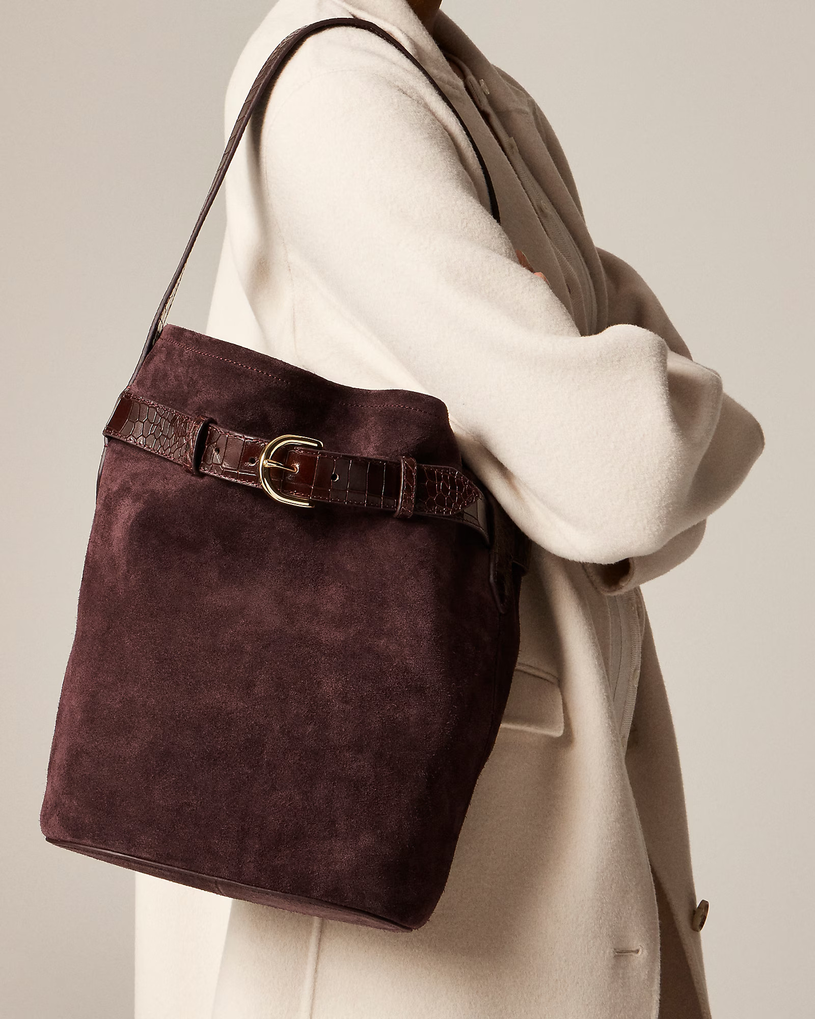 Berkeley belted bucket bag in suede and croc-embossed leather | J. Crew US