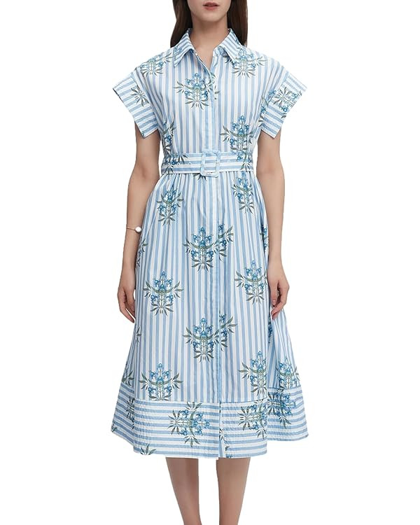 Women Summer Dresses 2025 Casual Wing Short Sleeve Button Down Midi Dress Floral Long Dress with ... | Amazon (US)