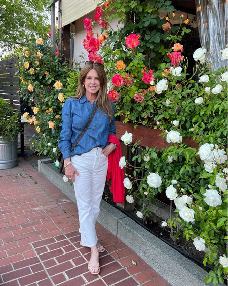 This chambray top and white kick crop jeans look is the perfect casual dinner outfit! I used these neutral slides that I wore almost every day on vacation and this pretty red wrap is so handy for the colder restaurants. It's my favorite and it comes in different color options!
#capsulewardrobe #outfitidea #springfashion #womenover50

#LTKStyleTip #LTKSeasonal #LTKOver40