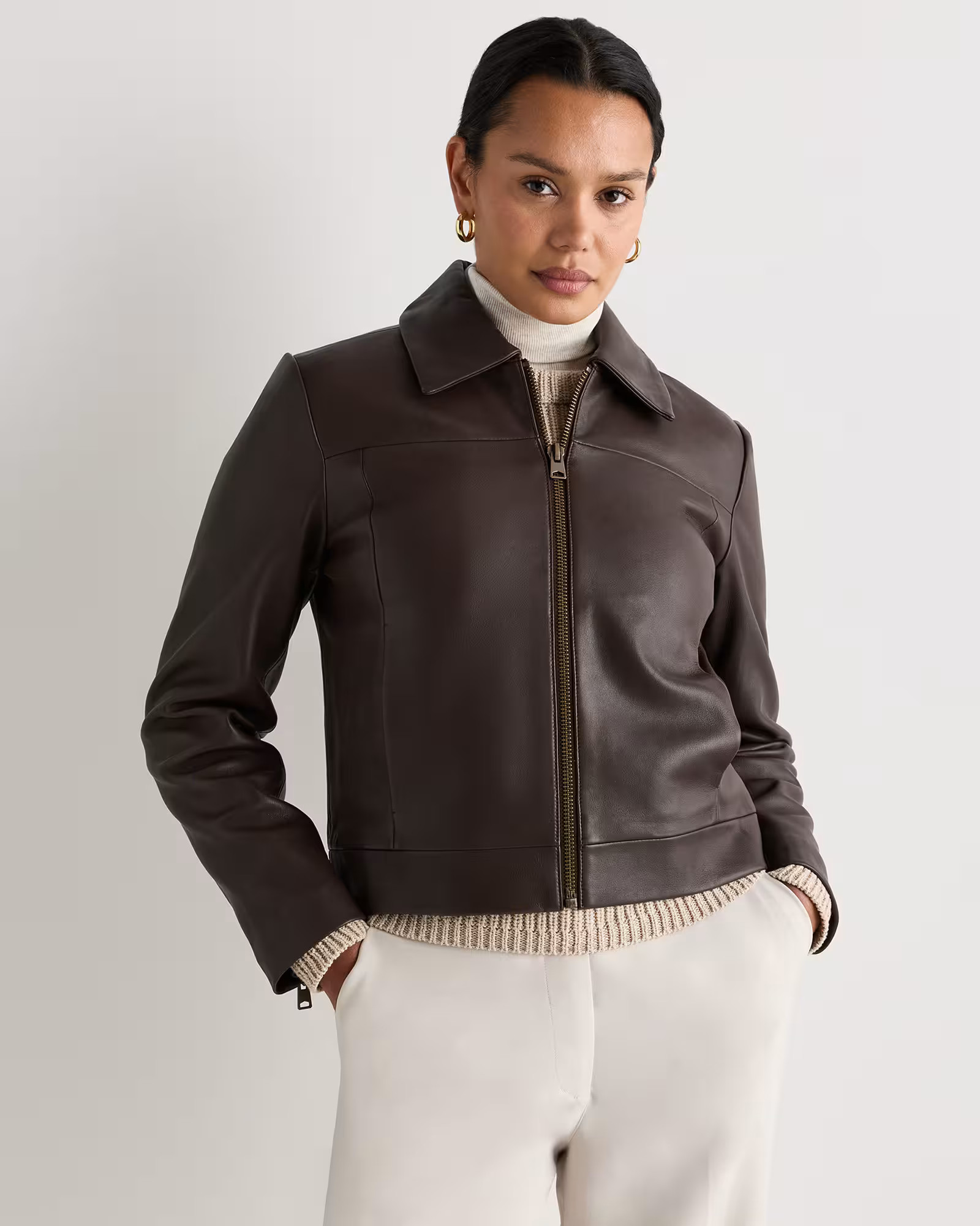 100% Leather Cropped Zip-Front Jacket in Rich Brown | Quince