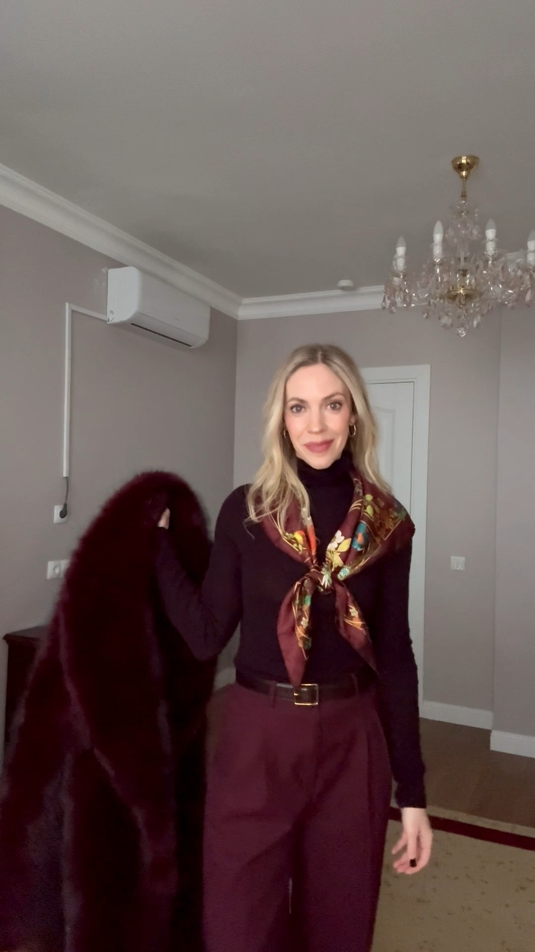 Work wear look, burgundy outfit, Gucci silk scarf, burgundy fur coat, office style, holiday work outfit 

#LTKootd #LTKHoliday #LTKWorkwear