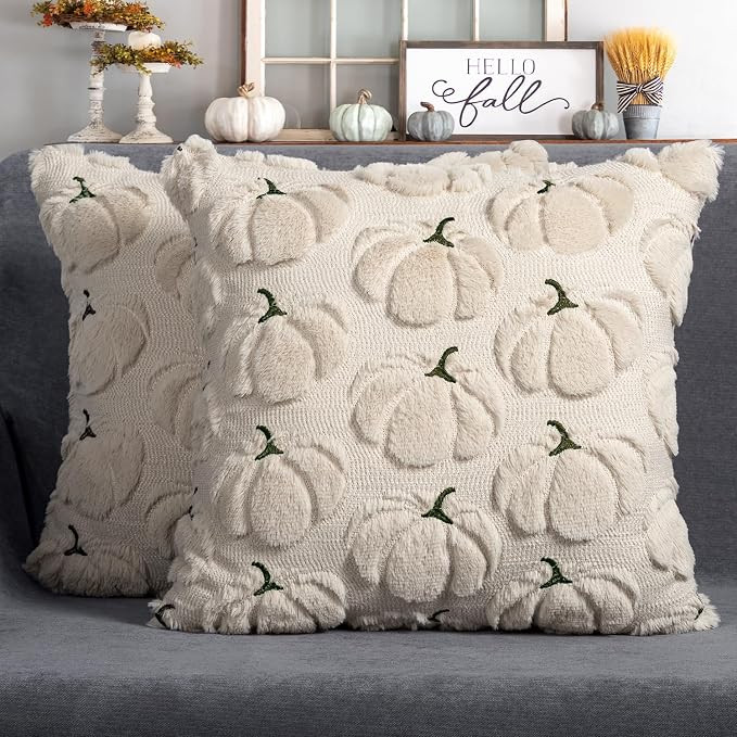 Fall Pumpkins Decorative Pillow Covers 18"x18" Set of 2, Beige Soft Plush Faux Fur Throw Cushion ... | Amazon (US)