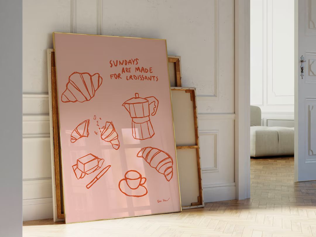 Hand Drawn Coffee Breakfast Print, Aesthetic Kitchen Poster, French Croissant Wall Art, Moka Pot ... | Etsy (US)