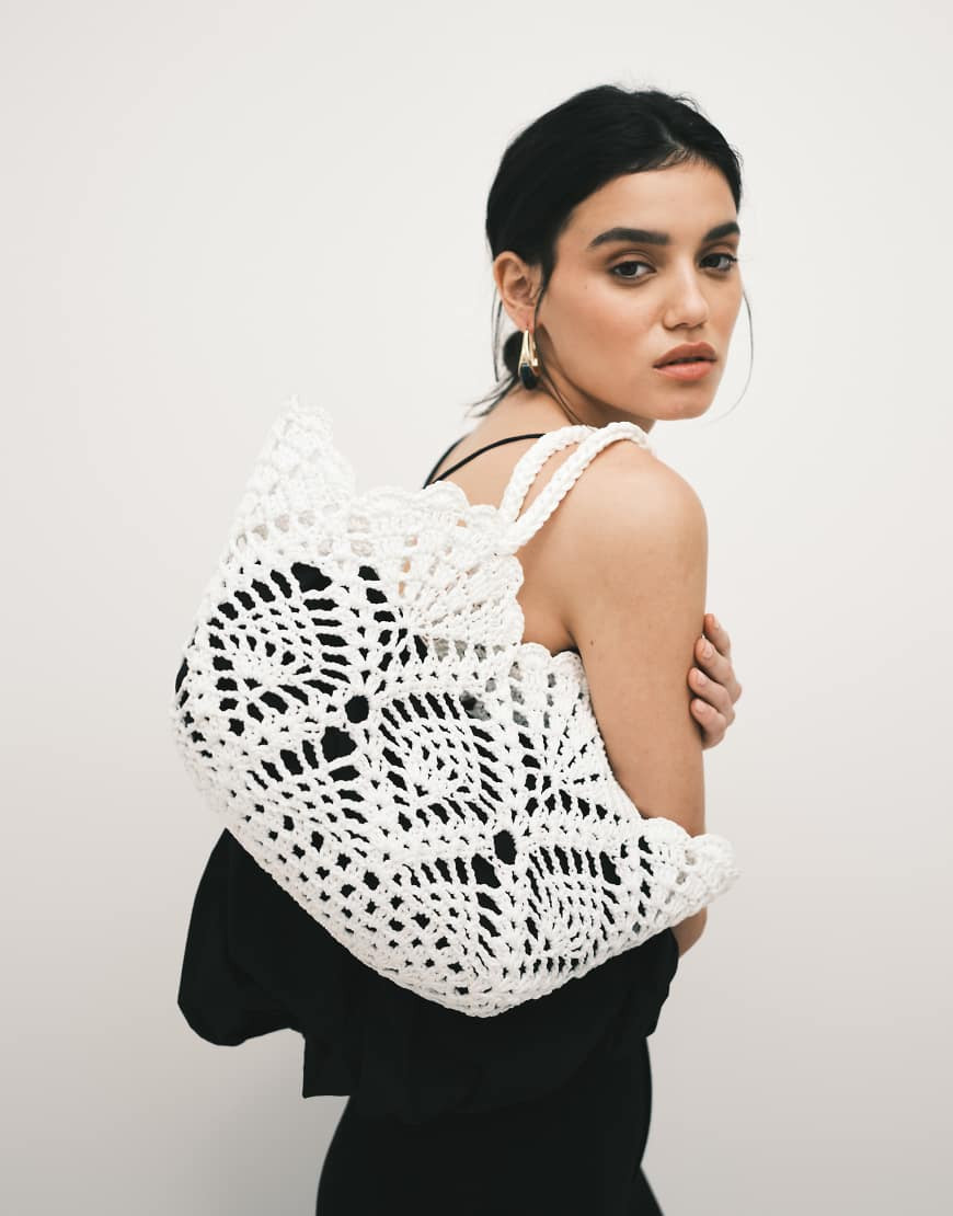 ASOS DESIGN floral crochet grab handle tote bag in off white | ASOS (Global)