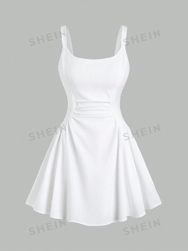 SHEIN MOD Women Simple White Spaghetti Strap Dress With Waistline Pleats, Summer | SHEIN USA | SHEIN