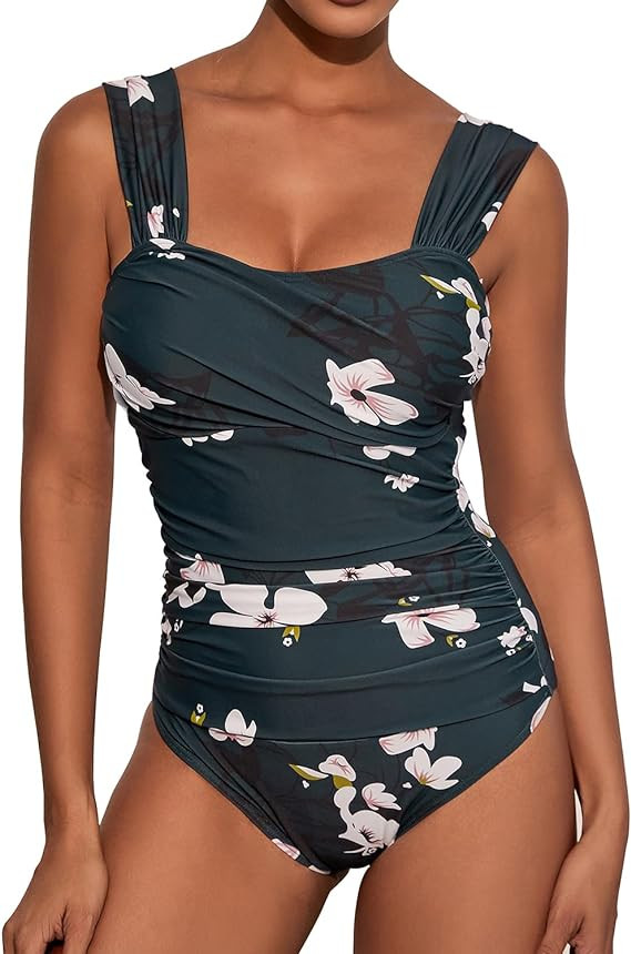 One Piece Bathing Suit for Women Tummy Control Swimsuits Square Neck Ruched Modest Swimwear | Amazon (US)