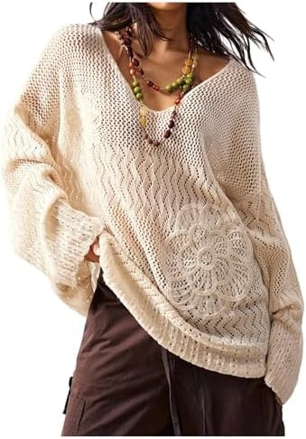 Women's Boho Crochet Knit Sweater Hollow Out Long Sleeve V Neck Oversized Knitwear | Amazon (US)