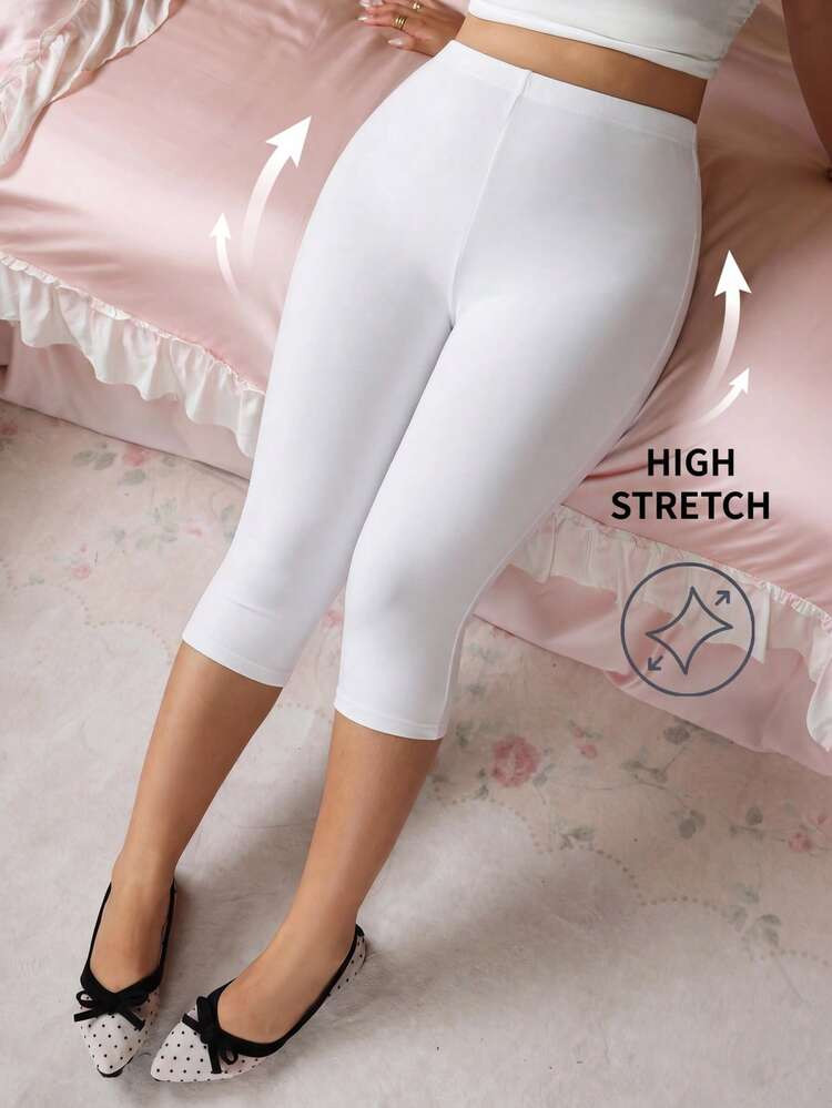 CovetEZ White New Solid Color High Waist Metal Casual Sports Slimming Plus Size Fashion Capris Fo... | SHEIN